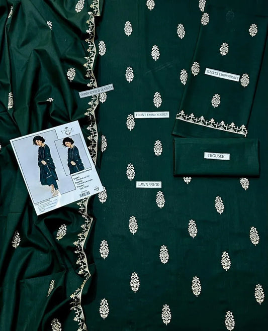 Green Embroidered Lawn 3Pcs Set for Women