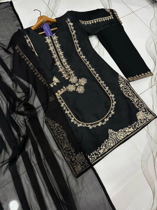 Black Shamoz Silk 3-Piece Suit with Golden Embroidery