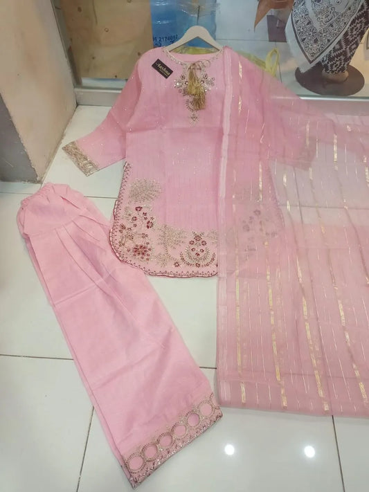 Pink Embroidered Pakistani Traditional Suit with Shawl