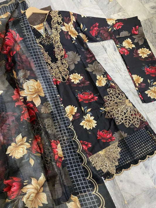 Black Floral 3-Piece Pakistani Suit with Chiffon Dupatta