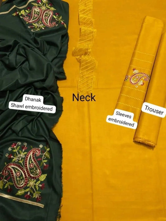 Unstitched Dhanak Embroidered Suit Mustard Teal Winter