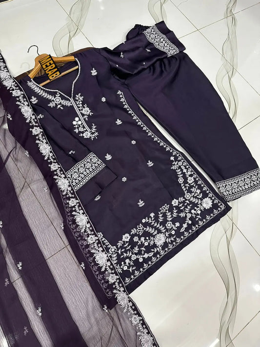 Women's Embroidered Farshi Shalwar 3 Piece Silk Suit with Embroidered Chiffon Dupatta – Pakistani Party Wear Dress