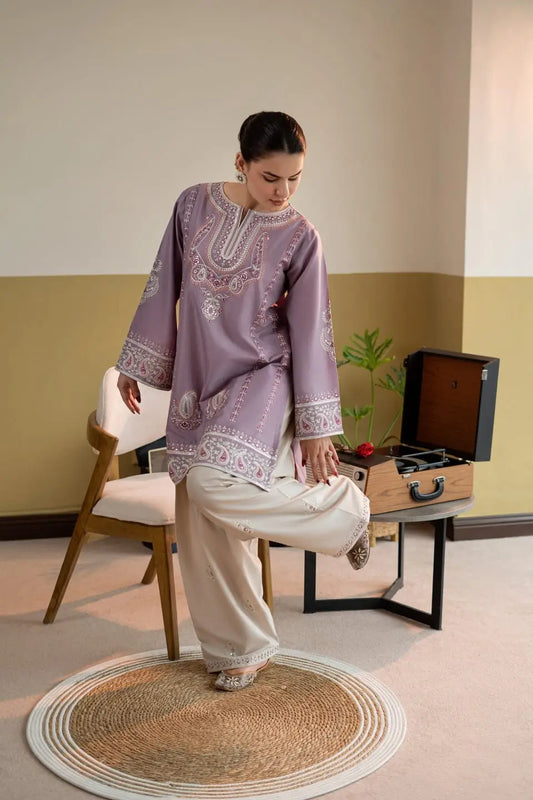 Moon Light 2 Pcs Women's Stitched Linen Embroidered Shirt And Trouser