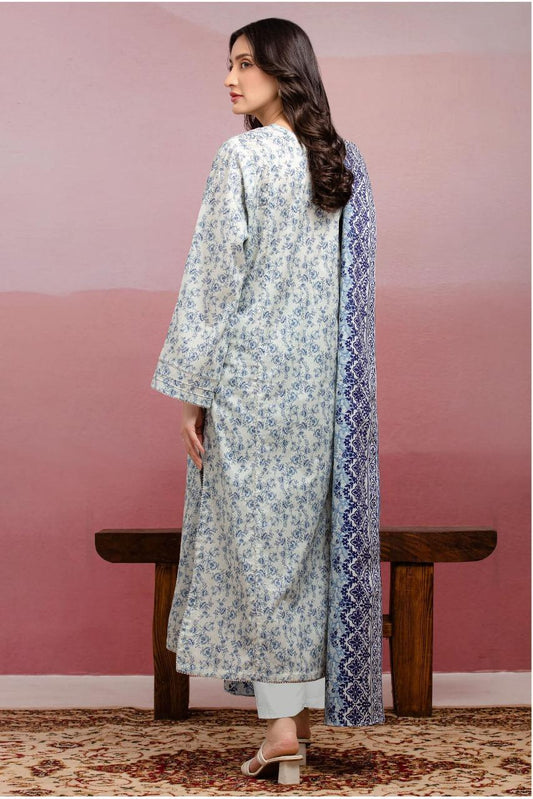3-Piece Printed Dobby Lawn Suit Grey Blue Floral