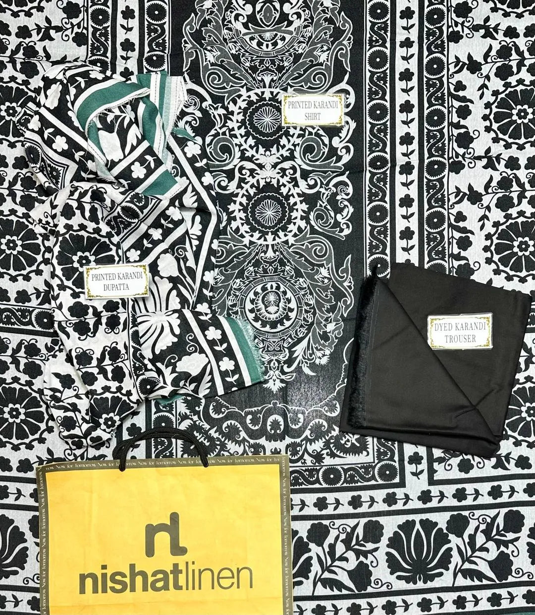 Black & White Printed 3-Piece Karandi Suit for Women