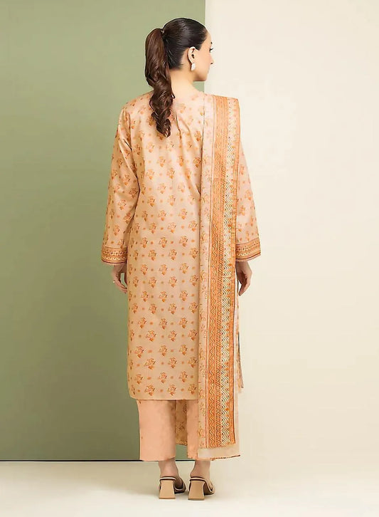 Pakistani Women Linen 3-Piece Suit Peach Printed