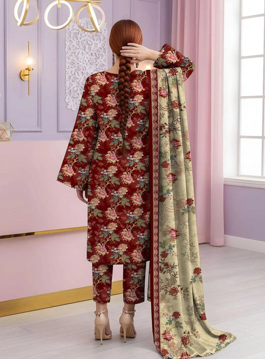 Maroon Floral 3-Piece Unstitched Lawn Suit for Women