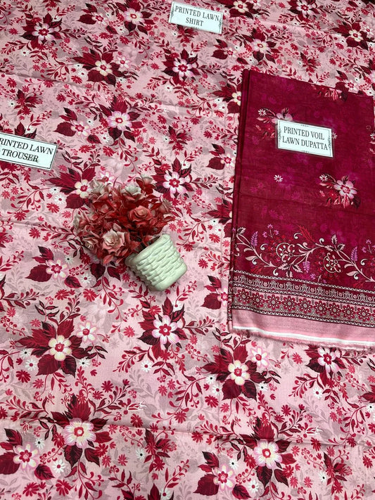 3-Piece Printed Lawn Suit Pink Red Floral Summer Wear