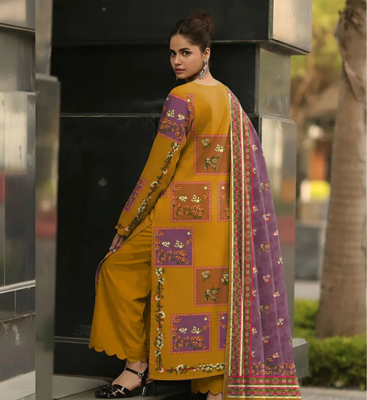 Golden Printed Lawn 3Pcs Women Suit Set