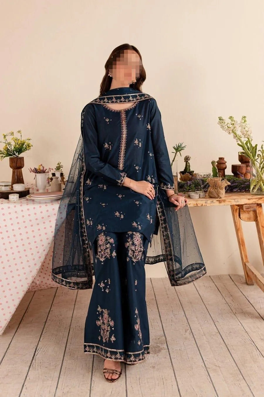 3-Piece Embroidered Dhanak Suit for Women
