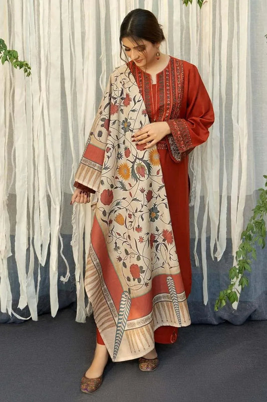 3-Piece Embroidered Lawn Suit Mustard with Printed Dupatta
