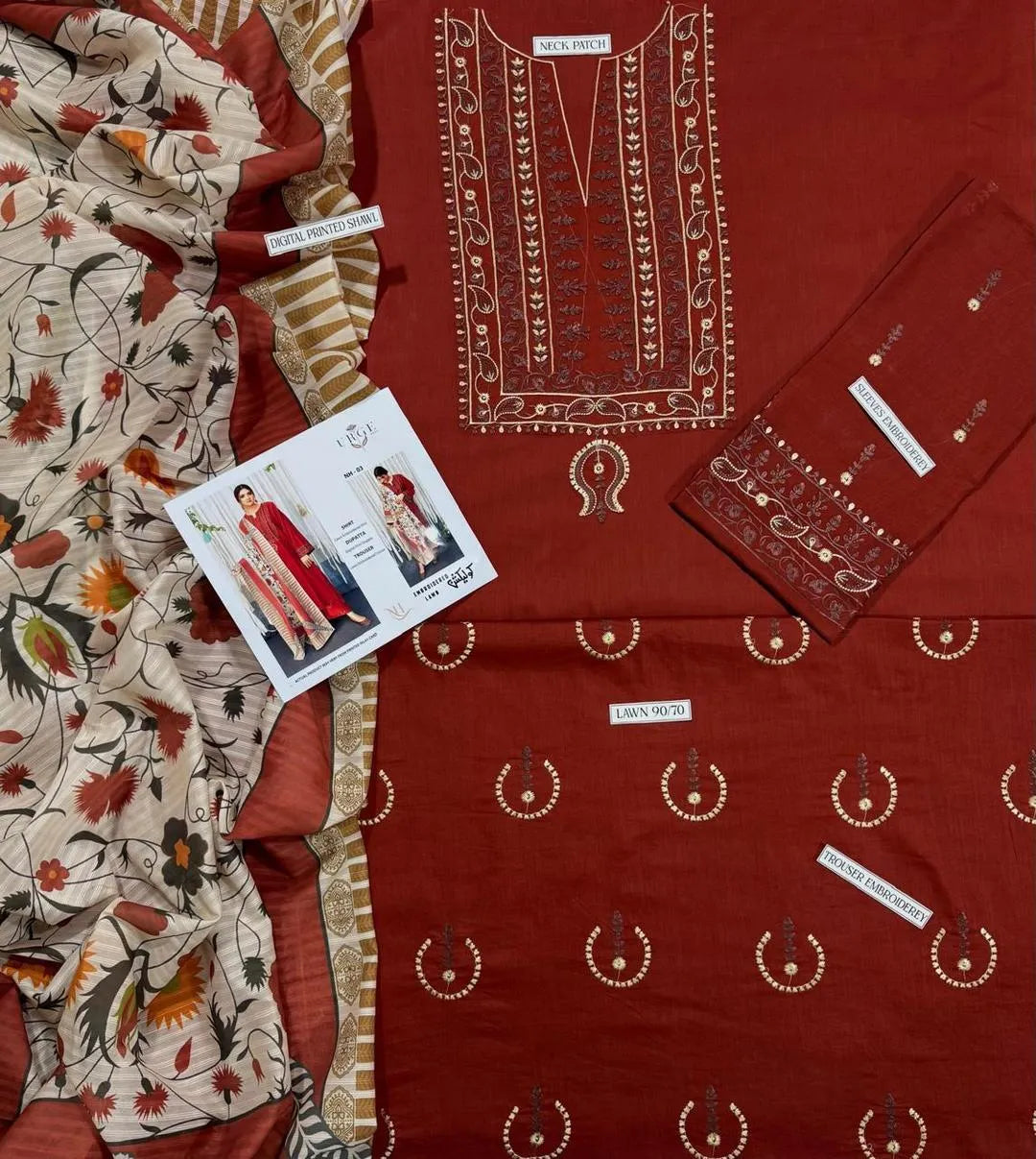 3-Piece Embroidered Lawn Suit Mustard with Printed Dupatta