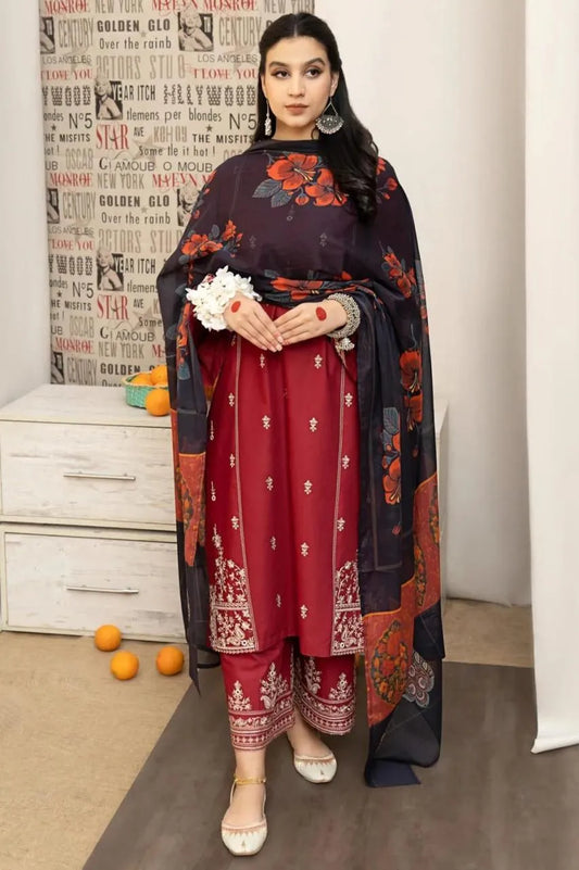 Maroon Lawn 3-Piece Embroidered Suit with Printed Dupatta