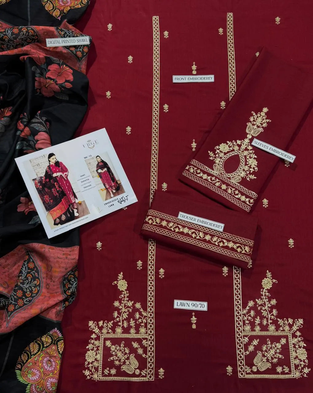 Maroon Lawn 3-Piece Embroidered Suit with Printed Dupatta