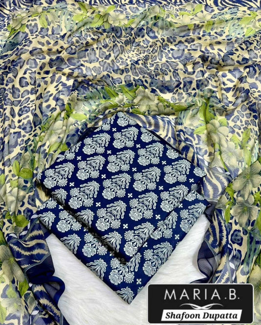 Blue Digital Print Lawn 3Pcs Suit for Women