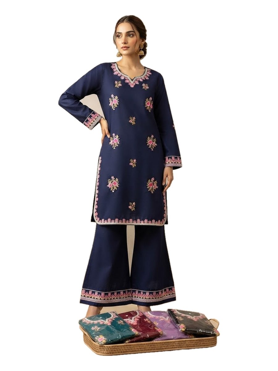 Navy Floral Buti Embroidered Suit with Flapper Trouser