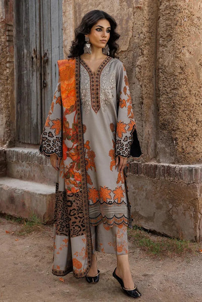 3-Piece Printed Khaddar Suit Grey Orange Leopard