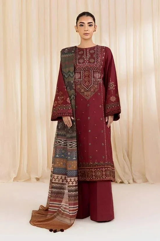Maroon Embroidered Lawn 3Pcs Set with Printed Dupatta