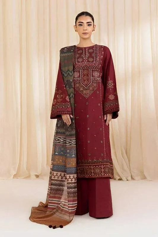 Maroon Embroidered Lawn 3Pcs Set with Printed Dupatta