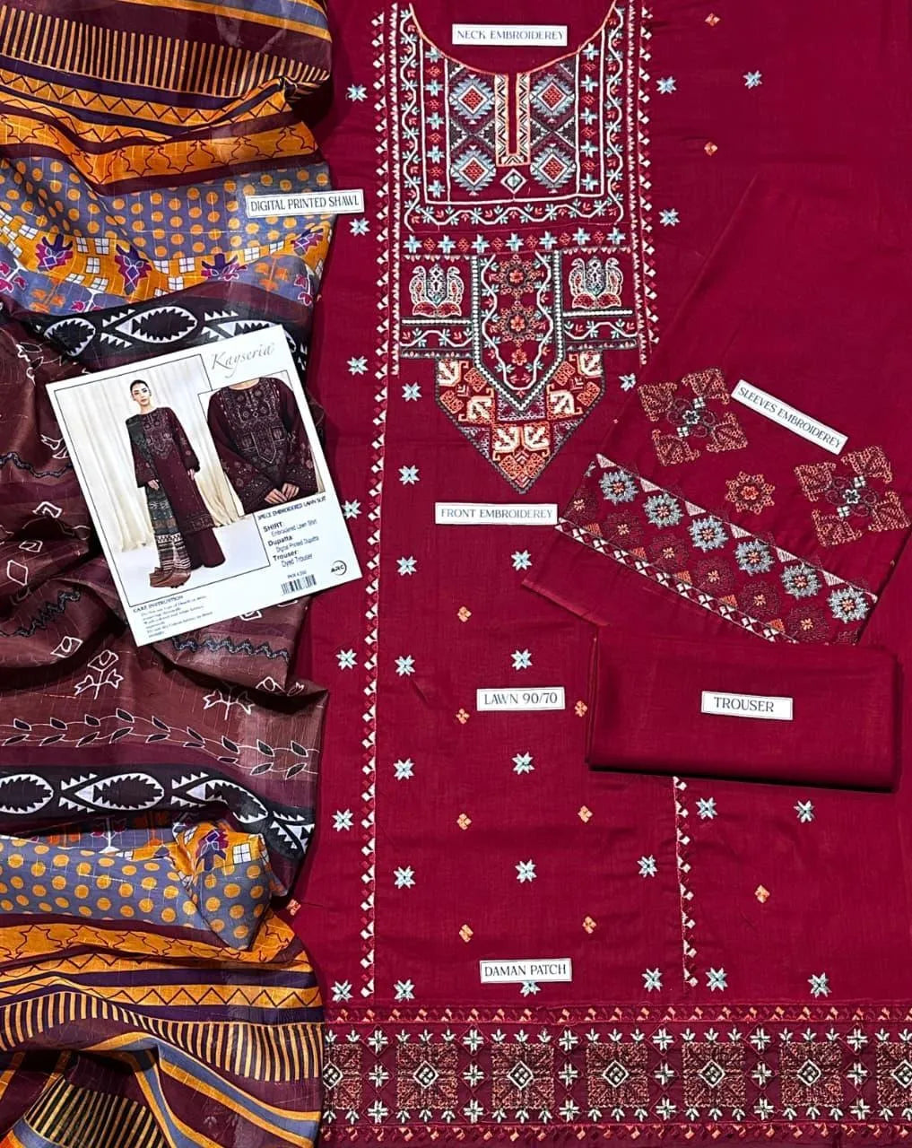 Maroon Embroidered Lawn 3Pcs Set with Printed Dupatta