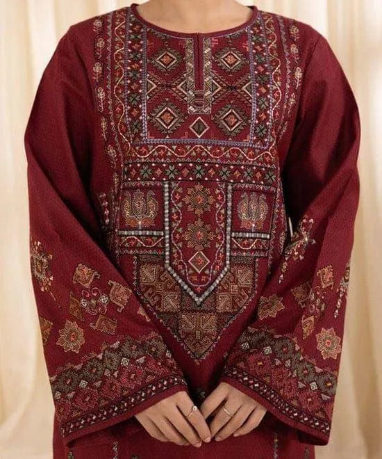 Maroon Embroidered Lawn 3Pcs Set with Printed Dupatta