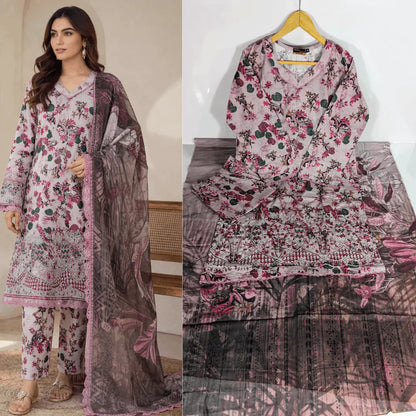 3 Pcs Women's Stitched Lawn Embroidered Suit