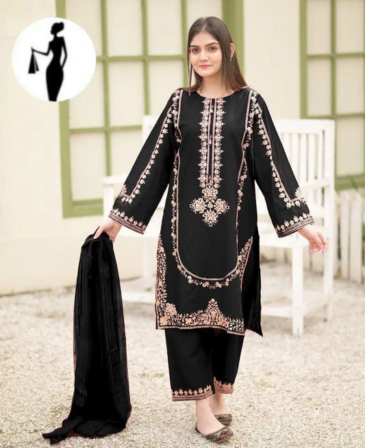 Black Shamoz Silk 3-Piece Suit with Golden Embroidery