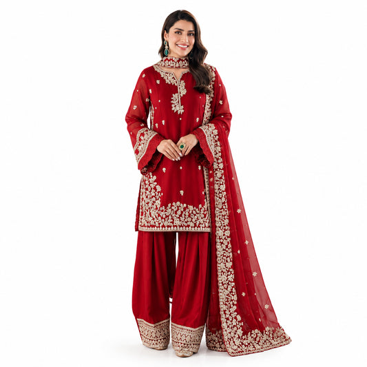 Red Embroidered 3Pcs Kurta Shalwar Dupatta Set