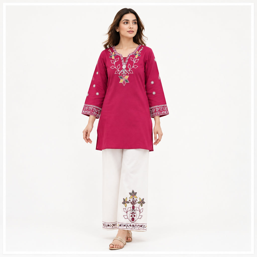 2 Pcs Women's Stitched Cotton Embroidered Shirt And Trouser