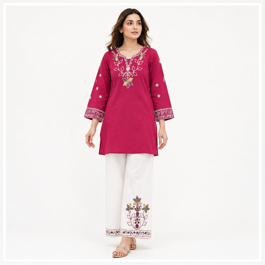 2 Pcs Women's Stitched Cotton Embroidered Shirt And Trouser