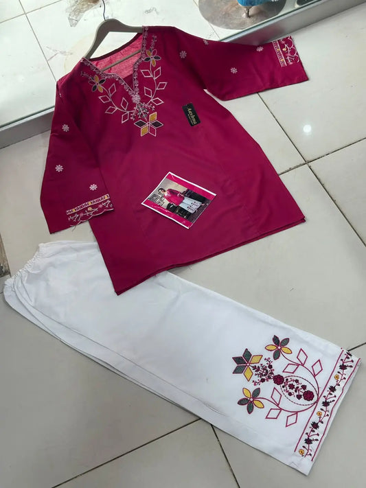 2 Pcs Women's Stitched Cotton Embroidered Shirt And Trouser