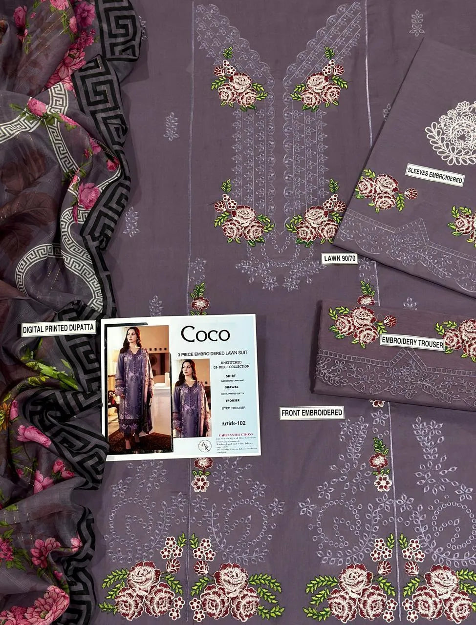 Lilac Embroidered 3-Piece Lawn Suit for Women
