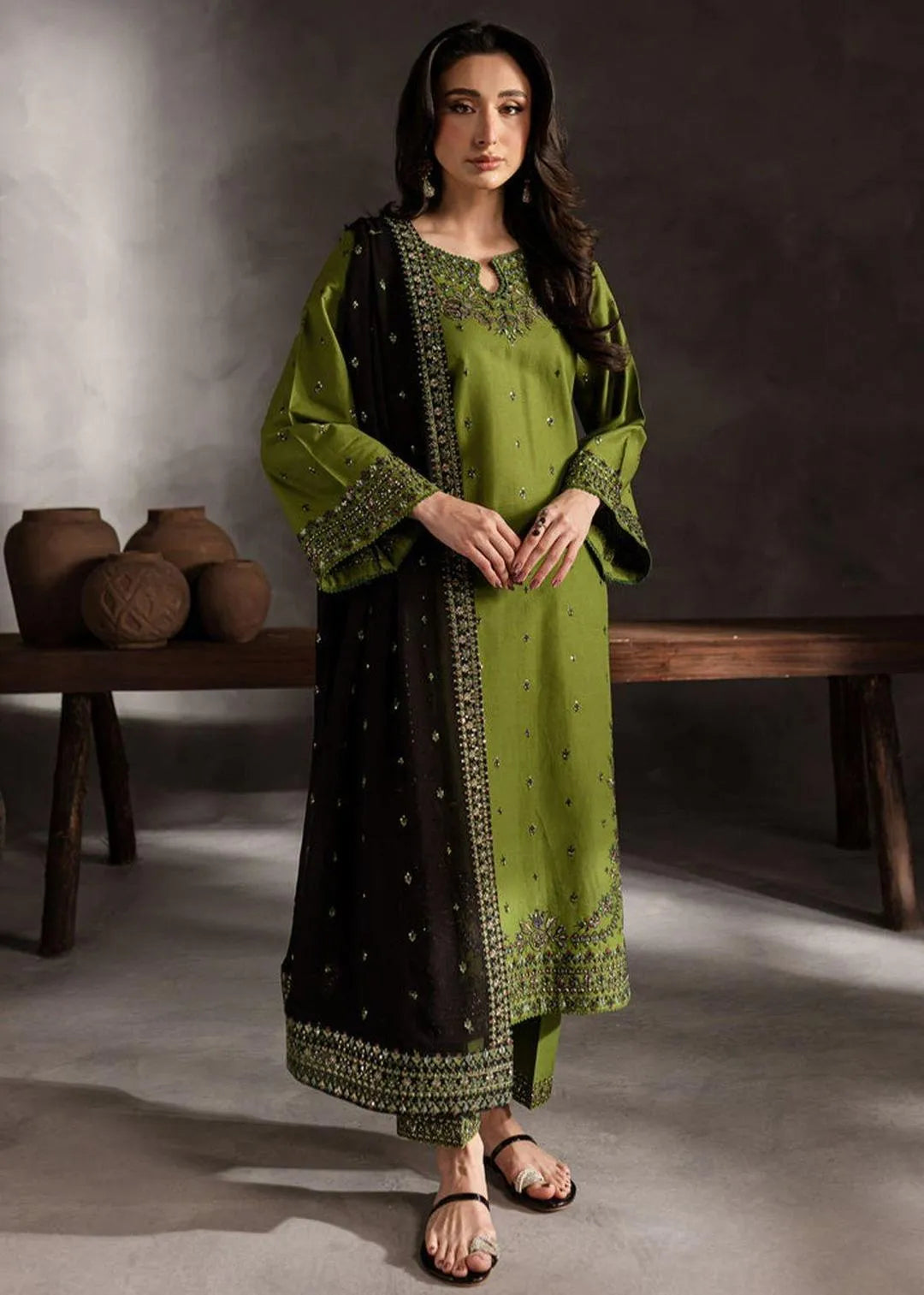ALLHAMDULILLAH SUMMER COLLECTION BATIK Stuff: All Hameddulillah Summer Batik Suit Green Black Embroidered