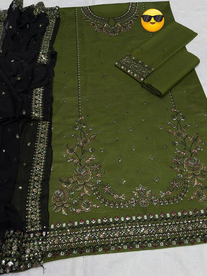 ALLHAMDULILLAH SUMMER COLLECTION BATIK Stuff: All Hameddulillah Summer Batik Suit Green Black Embroidered