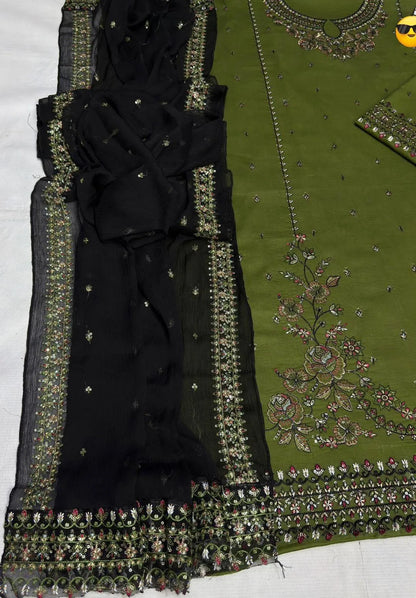 ALLHAMDULILLAH SUMMER COLLECTION BATIK Stuff: All Hameddulillah Summer Batik Suit Green Black Embroidered