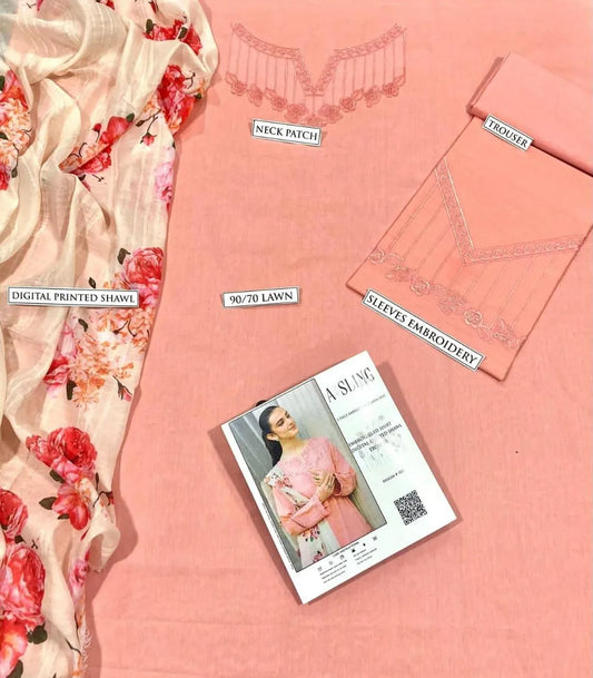 Peach Embroidered Lawn 3Pcs Set