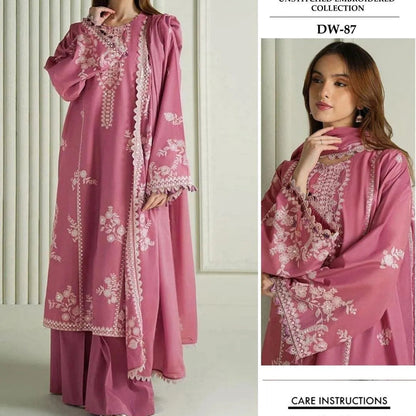 Pink Embroidered Lawn 3Pcs Set with Khaadi Dupatta