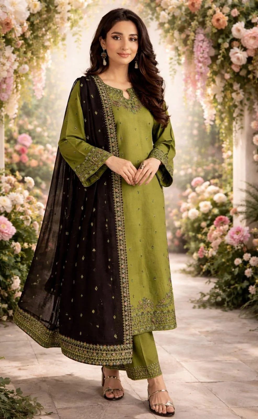 Green Embroidered Lawn 3Pcs Set for Women