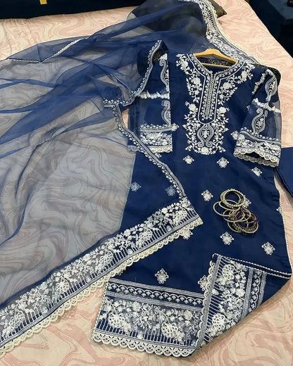 3 Pcs Women's Stitched Organza Embroidered Suit