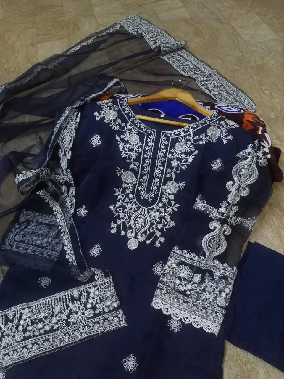 3 Pcs Women's Stitched Organza Embroidered Suit