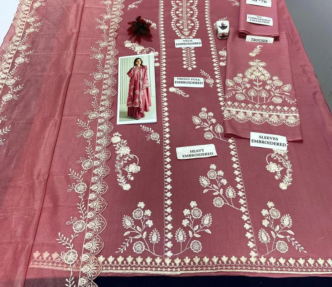Pink Embroidered Lawn 3Pcs Set with Printed Dupatta