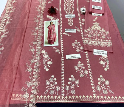Pink Embroidered Lawn 3Pcs Set with Printed Dupatta