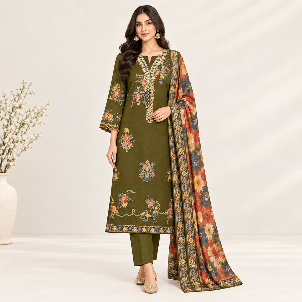 3 Pcs Women's Unstitched Embroidered Suit