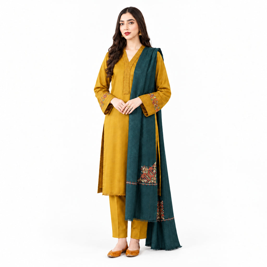 Unstitched Dhanak Embroidered Suit Mustard Teal Winter