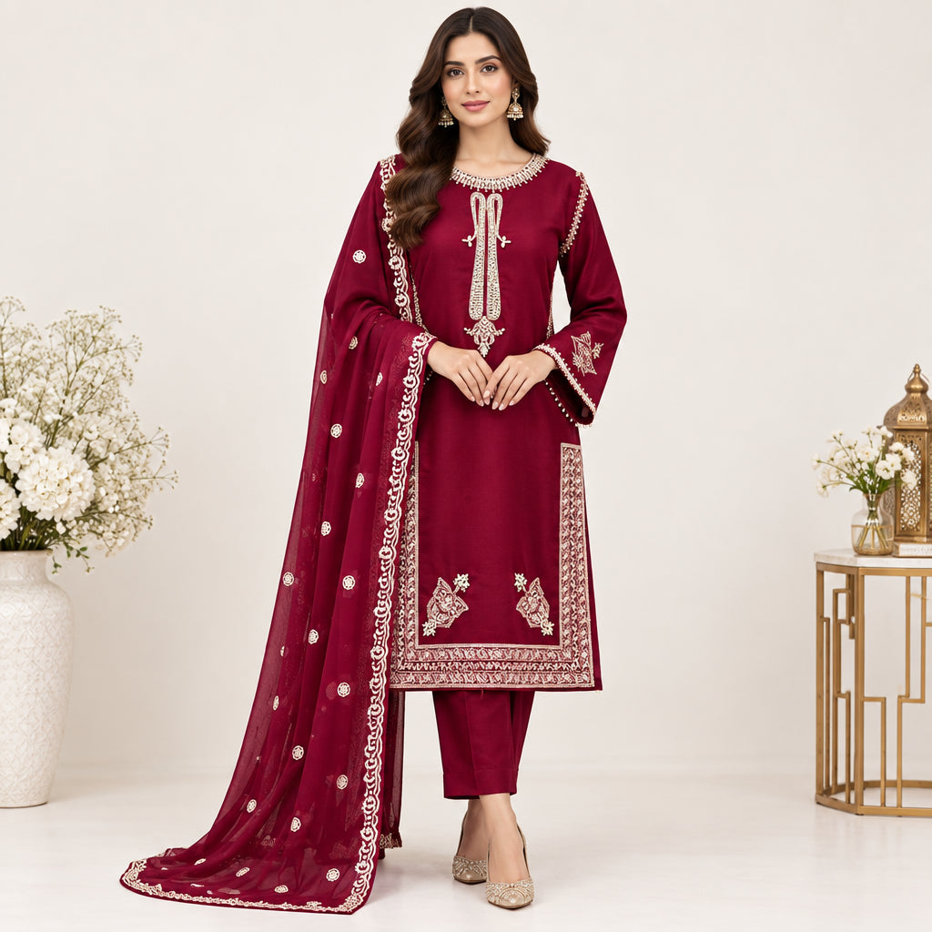 Maroon 3-Piece Shamoz Silk Wedding Suit with Embroidery