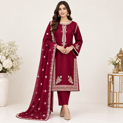 Maroon 3-Piece Shamoz Silk Wedding Suit with Embroidery