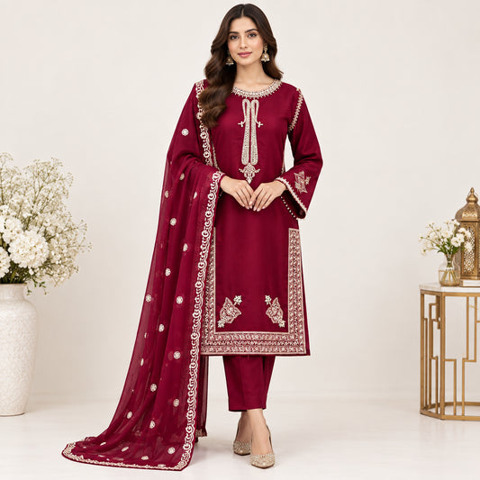 Maroon 3-Piece Shamoz Silk Wedding Suit with Embroidery