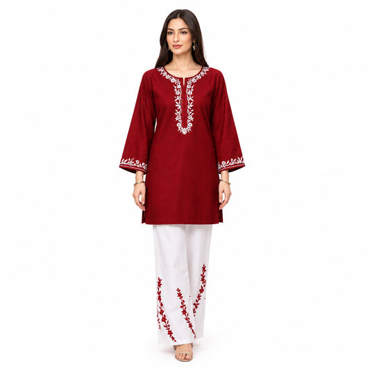 Women Embroidered Cotton Pajama Set Red White 2Pcs