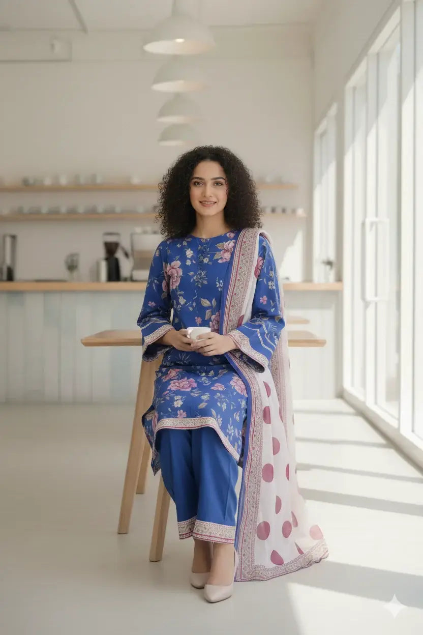 Stylish 3 Pcs Women's Stitched Suit in Blue Printed Lawn