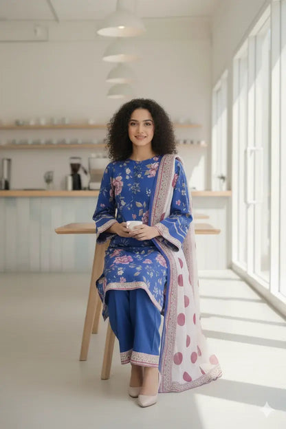 Stylish 3 Pcs Women's Stitched Suit in Blue Printed Lawn